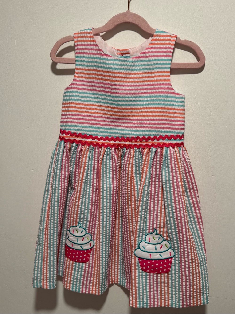 Girls' Striped Cupcake Appliqué Dress - Pink, Coral & Teal - 6